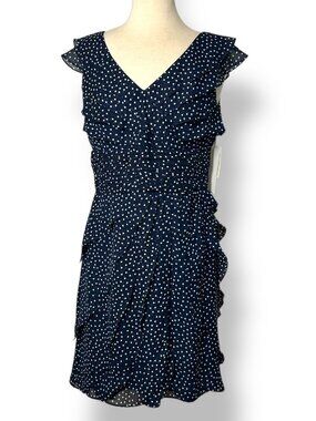 NWT Adrianna Papell Navy White Polka Dot Ruffled Chiffon Dress V Neck Sz 10